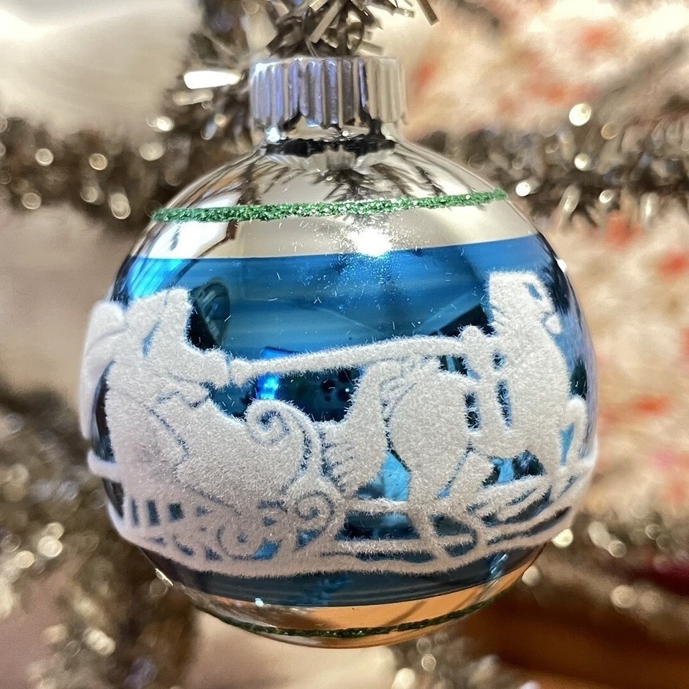3" Radko Shiny Brite‎ Stenciled Flocked Ornament Santa Sleigh Ride Red Green Mcm